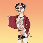 anthro background_character canid canid_demon canine canis clothed clothing dalmatian demon domestic_dog fishnet fishnet_clothing fishnet_topwear genitals hellhound helluva_boss hi_res licking licking_lips licking_own_lips male mammal opening_jacket partially_clothed penis solo tongue tongue_out topwear underwear underwear_down yuzu_zuzu 