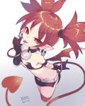  1girl black_gloves breasts cleavage commentary_request damarinasai_(mineo) dated demon_girl demon_tail demon_wings disgaea earrings etna_(disgaea) gloves gradient_background grey_background groin highres jewelry looking_at_viewer makai_senki_disgaea o-ring_collar pointy_ears red_eyes red_hair red_wings signature skull skull_earrings small_breasts solo tail tongue tongue_out twintails wings 
