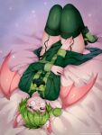  2022 anthro bedding bedding_background biped blush boots clothed clothing clothing_bow digital_media_(artwork) eric_the_moogle eyewear facial_blush final_fantasy footwear garter_straps glasses green_boots green_clothing green_eyes green_footwear green_hair green_legwear green_thigh_highs hair hi_res inner_ear_fluff legwear lying male mammal membrane_(anatomy) membranous_wings moogle on_back pink_inner_ear round_glasses shaded solo square_enix tekahika text thigh_highs tuft url white_inner_ear_fluff wings 