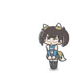  1girl :&lt; alternate_costume alternate_hairstyle black_footwear black_hair black_thighhighs blue_skirt boots crop_top detached_sleeves ferret-san frown hokkaido_nippon-ham_fighters kaga_(kancolle) kantai_collection negative_space pleated_skirt skirt solo thick_eyebrows thigh_boots thighhighs twintails x_navel 