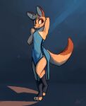  2023 anthro blue_clothing blue_dress breasts brown_body brown_fur canid canine canis clothing digital_media_(artwork) dress enginetrap female fur grin head_tuft hi_res jackal light lighting mammal shaded signature simple_background smile solo syl_(enginetrap) tan_body tan_fur tuft 