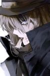  197_369 1boy black_coat blood blood_on_clothes blood_on_face blue_eyes cigarette coat fedora from_side gin_(meitantei_conan) grey_hair hair_over_eyes hat highres korean_commentary long_hair looking_at_viewer male_focus meitantei_conan mouth_hold portrait profile simple_background smoke smoking solo turtleneck white_background 