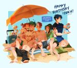  abs alternate_costume asui_tsuyu bakugou_katsuki barefoot beach beach_towel beach_umbrella black_hair black_male_swimwear black_shirt blonde_hair blue_background blue_eyes blue_shorts boku_no_hero_academia brown_hair burn_scar closed_eyes closed_mouth cooler dated english_text freckles full_body green_eyes green_hair green_shirt hair_bun happy_birthday heart highres hug iida_tenya jewelry long_hair looking_at_another lotion male_swimwear midoriya_izuku miithers multicolored_hair necklace nipples one_eye_closed open_mouth red_eyes red_hair sand scar scar_on_face shirt short_hair shorts simple_background sitting smile speech_bubble split-color_hair sunscreen swim_trunks todoroki_shouto toga_himiko tongue tongue_out topless_male towel umbrella uraraka_ochako v white_hair 