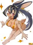  absurd_res anthro big_breasts bikini biped blue_hair breasts chest_tuft clothing ear_piercing golden_week hair hi_res highlights_(coloring) kemari kemono lagomorph leaning leaning_forward legs_together leporid long_hair looking_at_viewer mammal open_mouth open_smile orange_body piercing pink_nose ponytail rabbit red_eyes smile solo swimwear tuft white_highlights 