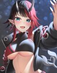  1girl arm_up balflear_(oe19nlud) black_hair black_jacket black_sports_bra blue_eyes blurry blush bokeh breasts chain commentary_request demon_girl demon_horns demon_tail depth_of_field ear_chain ear_piercing earrings grey_background horns jacket jewelry large_breasts long_sleeves looking_at_viewer medium_bangs midriff multicolored_hair nanashi_inc. navel open_clothes open_jacket open_mouth piercing pointy_ears red_hair ryugasaki_rene short_hair smile solo sports_bra tail two-tone_hair underboob upper_body virtual_youtuber zipper 