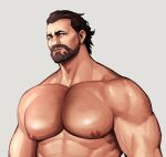  1boy arcane:_league_of_legends areyoucracked bara beard chest_hair closed_mouth facial_hair grey_background highres large_pectorals league_of_legends looking_at_viewer male_focus mature_male muscular muscular_male nipples pectorals short_hair simple_background solo topless_male vander_(arcane) 