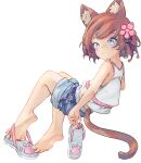  1girl animal_ear_fluff animal_ears barefoot blue_eyes blue_shorts blush brown_hair cat_ears cat_girl cat_tail chaosexceed feet flip-flops full_body hair_ornament highres holding_sandals invisible_chair knees_together_feet_apart leaning_back legs looking_at_viewer original sandals sandals_removed shirt short_hair shorts simple_background single_sandal sitting sleeveless sleeveless_shirt soles solo spread_toes swept_bangs tail toes white_background white_shirt 