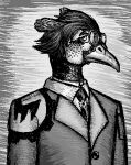  anthro avian bird bust_portrait clothing collared_shirt common_pheasant digital_media_(artwork) eyewear feathers galliform glasses hair industrial low_res makaronnie male monochrome necktie outlines phasianid phasianus pixel_(artwork) portrait shaded solo teodor_haroldsson uniform 