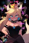  1girl armlet bare_shoulders black_collar black_dress blonde_hair blue_eyes bowsette bracelet breasts cleavage collar crown dress earrings highres horns jewelry large_breasts long_dress makeup mario_(series) new_super_mario_bros._u_deluxe silvurslining solo spiked_armlet spiked_bracelet spiked_collar spiked_shell spiked_tail spikes strapless strapless_dress super_crown tail teeth 