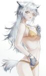  1girl aiv animal_ears arknights bikini breasts cleavage commentary cowboy_shot floral_print green_eyes grey_hair highres lappland_(arknights) long_hair looking_at_viewer medium_breasts navel open_mouth print_bikini solo stomach strap_lift swimsuit tail two-tone_bikini underboob very_long_hair wolf_ears wolf_girl wolf_tail 