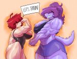  abs anthro bicep_curl black_clothing black_leotard breasts cleavage clothed clothing deltarune duo english_text female gaz_membrane hair hair_over_eyes hi_res human invader_zim leotard mammal muscular muscular_anthro muscular_female nickelodeon pose purple_body purple_hair purple_skin red_hair reptile scalie shaggy_hair sharp_teeth simple_background speech_bubble susie_(deltarune) tail teeth text thedarkzircon undertale_(series) 