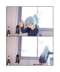  1girl 2channel :o alcohol aqua_(konosuba) beer blue_eyes blue_hoodie blue_sweater blush bottle chair commentary_request cup from_behind glass green_hair hair_bun highres holding holding_cup hood hood_down hoodie indoors izawa_(bhive003) kono_subarashii_sekai_ni_shukufuku_wo! leaning_forward long_hair long_sleeves microphone multiple_views nishimura_hiroyuki_(2ch) photo_background pink_shorts rainbow shorts single_hair_bun sparkle standing sweater upper_body vomit vomiting_rainbows window 