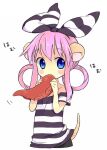  1girl alternate_costume animal_ears biting blush_stickers bow bow_hairband cropped_legs food hair_bow hair_rings hairband holding holding_food kemonomimi_mode looking_at_viewer lr. octopus pink_hair prison_clothes sherlock_shellingford shirt sidelocks simple_background solo striped striped_bow striped_shirt tail tantei_opera_milky_holmes white_background 