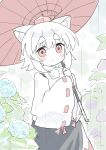  1girl animal_ear_fluff animal_ears commentary_request expressionless highres holding holding_umbrella inubashiri_momiji kibisake long_sleeves looking_at_viewer pink_eyes pom_pom_(clothes) rain short_hair sketch solo thick_eyebrows touhou umbrella white_hair wide_sleeves wolf_ears 