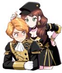  1boy 1girl bad_id bad_twitter_id black_headwear blush breasts brown_hair choker cleavage collarbone cropped_legs dede_(qwea_00000) dorothea_arnault earrings ferdinand_von_aegir fire_emblem fire_emblem:_three_houses garreg_mach_monastery_uniform gloves green_eyes hand_in_another&#039;s_hair jewelry orange_hair sweat white_gloves yellow_eyes 