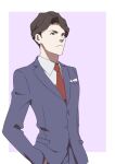  1boy andrew_hanbridge arms_at_sides brown_hair collared_shirt green_eyes hair_intakes hand_in_pocket jacket lapels little_witch_academia male_focus mitsuko_(4afe6300) necktie notched_lapels pants pink_background pocket_square purple_background purple_jacket purple_pants red_necktie scowl shirt simple_background solo standing white_background white_shirt 