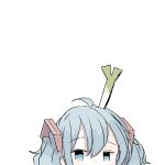  1girl ahoge blue_eyes blue_hair commentary_request food_on_hair hair_between_eyes hair_ornament hatsune_miku head highres jitome simple_background solo spring_onion vocaloid white_background xxxx_saki 