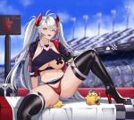  1girl absurdres ass azur_lane belt bird black_gloves boots breasts checkered_flag chick clothing_cutout convoy_(galactic_convoy) earpiece flag gloves half_gloves highres jacket large_breasts long_hair manjuu_(azur_lane) multicolored_hair navel official_alternate_costume panties pasties prinz_eugen_(azur_lane) prinz_eugen_(final_lap)_(azur_lane) race_queen racetrack red_hair red_panties skirt solo stomach streaked_hair thigh_boots thighhighs thighs underboob underboob_cutout underwear very_long_hair white_belt white_hair yellow_eyes 