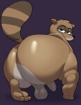  2023 anthro backsack balls bedroom_eyes big_butt brown_body brown_fur butt cartoon_network chipchell digital_media_(artwork) facial_markings feet foreskin fur genitals half-closed_eyes head_markings hi_res huge_butt humanoid_genitalia humanoid_penis looking_at_viewer looking_back looking_back_at_viewer male mammal markings mask_(marking) narrowed_eyes nude penis procyonid raccoon regular_show rigby_(regular_show) seductive simple_background soles solo striped_markings striped_tail stripes tail tail_markings unretracted_foreskin 