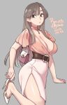  1girl agawa_ryou artist_name bag belt breasts brown_belt brown_hair cleavage collarbone commentary dated english_commentary grey_background grey_eyes high_heels jewelry long_hair looking_at_viewer medium_breasts necklace numbered orange_shirt original parted_lips shirt simple_background skirt solo standing standing_on_one_leg thick_thighs thighs white_footwear white_skirt 