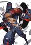  1boy absurdres bara blue_bodysuit bodysuit clenched_hands covered_abs covered_nipples dark-skinned_male dark_skin groping highres large_pectorals male_focus marvel mask miguel_o&#039;hara muscular muscular_male my_eight pectorals red_bodysuit spider-man:_across_the_spider-verse spider-man_(2099) spider-man_(series) spider-verse torn_bodysuit torn_clothes two-tone_bodysuit weibo_username 