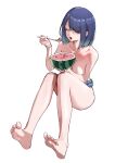  1girl absurdres aqua_hair barefoot blue_hair bob_cut breasts closed_eyes collarbone commentary_request convenient_arm denim denim_shorts derivative_work eating feet food fruit full_body gradient_hair highres holding holding_food holding_fruit holding_spoon knees_together_feet_apart knees_up kurokawa_akane medium_breasts medium_hair micro_shorts miuna_(498475051) multicolored_hair nail_polish open_mouth oshi_no_ko pink_nails shorts simple_background sitting soles solo spoon swept_bangs toes topless watermelon white_background 