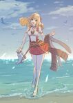  1girl beach bird blonde_hair collarbone detached_sleeves fiora_(xenoblade) full_body green_eyes hair_ribbon highres long_hair looking_at_viewer miniskirt open_mouth ribbon sand skirt smile solo thighhighs water xenoblade_chronicles_(series) xenoblade_chronicles_1 yanagimachi 