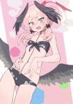  1girl aji_aji_nori bikini black_bikini black_bow black_wings blue_archive blush bow embarrassed feathered_wings flat_chest floral_print front-tie_bikini_top front-tie_top hair_between_eyes hair_bow halo hand_on_own_stomach head_wings highres koharu_(blue_archive) koharu_(swimsuit)_(blue_archive) long_hair looking_at_viewer low_twintails low_wings official_alternate_costume open_mouth pink_eyes pink_hair print_bikini sketch solo swimsuit twintails wavy_mouth wings 