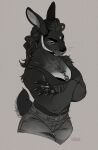  anthro black_body black_fur black_hair bottomwear breasts clothed clothing crossed_arms female fully_clothed fur hair hi_res jewelry lagomorph leporid mammal monochrome necklace pants rabbit shirt solo tank_top topwear torn_clothing zilya-lya 