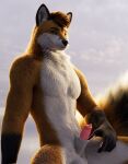  animal_genitalia animal_penis anthro balls canid canine canine_genitalia canine_penis djano erection fingering fox fur genitals hair hi_res looking_at_viewer male mammal nude orange_body penis sheath sheath_fingering sheath_play solo sunrise vulpes_pawpad white_body 