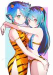  2girls absurdres animal_print aqua_hair asymmetrical_docking bare_arms bare_shoulders bikini black_hair blue_background blush border breast_press breasts closed_mouth commentary_request dress green_hair hand_on_another&#039;s_ass heads_together highres horns itou_kazuki long_hair looking_at_viewer lum lum&#039;s_mother medium_breasts mother_and_daughter multicolored_eyes multicolored_hair multiple_girls oni oni_horns outside_border pink_background pink_hair pointy_ears print_bikini short_hair side_slit signature sleeveless sleeveless_dress small_breasts strapless strapless_bikini swimsuit tiger_print two-tone_background urusei_yatsura white_border yellow_bikini yellow_dress yellow_horns 