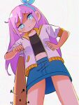  1girl aubrey_(omori) baseball_bat blue_skirt blush closed_mouth crop_top denim denim_skirt green_eyes hairband jacket looking_at_viewer matouchi_(matouti118) nail nail_bat omori pink_hair short_sleeves skirt solo white_jacket 