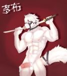  2023 abs anthro areola balls bodily_fluids canid canine canis dobbodob_69 erection fur genital_fluids genitals hair hi_res humanoid_genitalia humanoid_penis katana male mammal melee_weapon mihoyo muscular muscular_anthro muscular_male navel nude penis red_eyes solo sword tail von_lycaon weapon white_body white_fur wolf zenless_zone_zero 