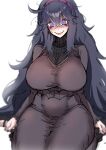  1girl @_@ alternate_breast_size bags_under_eyes bam.g black_sweater blush breasts covered_navel double-parted_bangs dress fingernails hex_maniac_(pokemon) highres huge_breasts looking_at_viewer nail_polish pokemon pokemon_(game) pokemon_xy purple_eyes ribbed_sweater seiza simple_background sitting solo sweatdrop sweater taut_clothes taut_dress thick_thighs thighs white_background 