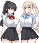  2girls black_hair black_skirt blonde_hair blue_bow blue_bowtie blue_eyes blue_ribbon bow bowtie breasts brown_eyes collared_shirt hair_ribbon hand_on_own_hip highres large_breasts long_hair metsu_end multiple_girls open_mouth original ponytail red_bow red_bowtie ribbon school_uniform shirt skirt twintails white_shirt 