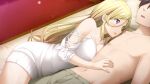  1boy 1girl black_hair blonde_hair bow breast_press breasts cleavage collarbone couple dress game_cg grey_pants hair_between_eyes hair_over_eyes hetero highres kamisama_no_you_na_kimi_e kantoku large_breasts long_hair lying navel on_back on_bed on_side open_mouth pants pillow purple_eyes shiromae_kaito short_dress sophia_liddell-hart topless very_long_hair white_bow white_dress 