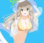  1girl bikini blonde_hair blue_archive blue_background blush breasts cleavage collarbone commentary_request daiichi_(1279220) feet_out_of_frame flower front-tie_bikini_top front-tie_top green_eyes green_halo halo halterneck hat hat_flower hat_tug highres huge_breasts innertube leaning_forward long_hair looking_at_viewer nonomi_(blue_archive) nonomi_(swimsuit)_(blue_archive) open_mouth side-tie_bikini_bottom simple_background smile solo swimsuit white_headwear yellow_bikini yellow_flower 