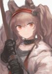  1girl angelina_(arknights) animal_ears arknights black_choker black_gloves brown_hair choker closed_mouth coat fox_ears fox_girl gloves hair_between_eyes hairband highres holding holding_staff long_hair long_sleeves looking_at_viewer medium_bangs mogukk open_clothes open_coat orange_eyes red_hairband simple_background smile solo staff twintails upper_body white_background white_coat 