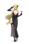  1girl alternate_eye_color athenawyrm black_dress black_garter_belt black_gloves blonde_hair breasts choker cup cynthia_(pokemon) dress drinking_glass elbow_gloves evening_gown full_body garter_belt gloves gold_necklace grin hair_ornament high_heels highres holding holding_cup jewelry large_breasts long_hair looking_at_viewer necklace parted_lips plunging_neckline pokemon pokemon_dppt side_slit smile solo thighhighs very_long_hair wine_glass yellow_eyes 