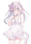  1girl absurdres animal_ear_fluff animal_ears bandaged_arm bandages bandaid bandaid_on_arm bandaid_on_cheek bandaid_on_face blue_eyes cat_ears cat_girl cat_tail commission dress expressionless grey_hair hakua_aa highres indie_virtual_youtuber long_hair looking_at_viewer mashirone_mimiy second-party_source short_dress simple_background skeb_commission sleeveless sleeveless_dress tail virtual_youtuber white_background white_dress 