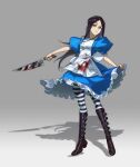  1girl alice_liddell_(american_mcgee&#039;s_alice) american_mcgee&#039;s_alice apron black_hair blood boots breasts closed_mouth commentary dated dress full_body green_eyes jewelry knife lingtan long_hair looking_at_viewer necklace pantyhose simple_background solo striped striped_pantyhose twitter_username weapon 
