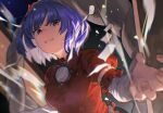  1girl artist_logo blast-7 blue_hair foreshortening highres long_sleeves looking_at_viewer medium_hair mirror onbashira parted_lips red_eyes red_shirt rope shimenawa shirt solo touhou upper_body yasaka_kanako 