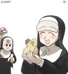  2girls ^_^ banana bandaid bird bird_on_hand bottle_cap closed_eyes diva_(hyxpk) duck duckling eating food freckles frog_headband froggy_nun_(diva) fruit habit highres multiple_girls numbered nun original ostrich sausage sheep_nun_(diva) simple_background white_background 