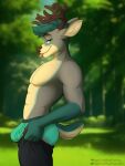  anthro antlers blep bottomwear briefs bulge clothing deer fur green_body green_briefs green_clothing green_eyes green_fur green_underwear hi_res horn looking_at_viewer male mammal meme muscular muscular_male nature pants sebtheredpanda solo tight_pants_(meme) tongue tongue_out underwear zone_system 