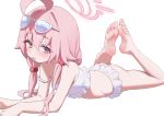  1girl absurdres ahoge ass bare_legs barefoot bikini blue_archive eyewear_on_head feet_up frilled_bikini frills halo heterochromia highres hoshino_(blue_archive) hoshino_(swimsuit)_(blue_archive) hwoi_(hw_123) looking_at_viewer lying on_stomach pink_hair soles solo strap_slip swimsuit tinted_eyewear toes twintails white_bikini 