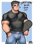  1boy bara beard_stubble black_hair bulge carrying carrying_under_arm denim english_text feet_out_of_frame highres holding holding_skateboard huge_eyebrows jeans large_pectorals like_and_retweet lucas_lee lyu-beh_(luberaccoon) male_focus meme muscular muscular_male pants pectorals scott_pilgrim_takes_off shirt short_hair short_sleeves simple_background skateboard smile solo standing t-shirt tight_clothes tight_shirt twitter_strip_game_(meme) 