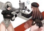  2b_(nier:automata) 2girls ammunition_belt ass ass_visible_through_thighs belt_pouch beret black_blindfold black_dress black_gloves black_hairband black_headwear black_jacket black_thighhighs blindfold boots collared_leotard commentary_request cropped_jacket crossover dress feather-trimmed_sleeves gloves goddess_of_victory:_nikke hairband hat high_heel_boots high_heels highres ishikawa_yui jacket juliet_sleeves leotard light_brown_hair long_hair long_sleeves marvel meme mole mole_under_mouth multiple_girls nier:automata nier_(series) o_o_k_i_n_a open_mouth pod_(nier:automata) pointing pointing_spider-man_(meme) pouch puffy_sleeves rapi_(nikke) short_hair standing sweatdrop thigh_boots thighhighs thighhighs_under_boots voice_actor_connection white_hair white_leotard zoom_layer 