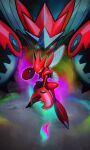  absurdres atmosgear commentary glowing green_eyes highres horns legs_apart looking_at_viewer mega_pokemon mega_scizor no_humans orange_eyes pincers pokemon pokemon_(creature) scizor standing 