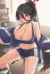 1girl areola_slip black_choker black_hair black_wings blue_archive blue_jacket blush breasts breath choker cleavage collarbone exercise halo hasumi_(blue_archive) high_ponytail highres jacket large_breasts long_hair looking_at_viewer mole mole_under_eye navel off_shoulder parted_lips short_shorts shorts sitting solo sports_bra steaming_body stomach sweat thighs track_jacket very_long_hair weights wings yokii 