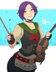  belt black_choker black_gloves blue_background blush bow bow_(music) bowtie choker gloves green_eyes highres holding holding_instrument instrument koyorin pink_nails pointy_ears purple_hair simple_background smile the_legend_of_zelda the_legend_of_zelda:_tears_of_the_kingdom violin violynne 